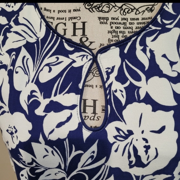 Lands' End Women SZ 10P Ponte Knit blue & white floral sheath sleeveless pockets - Picture 3 of 12